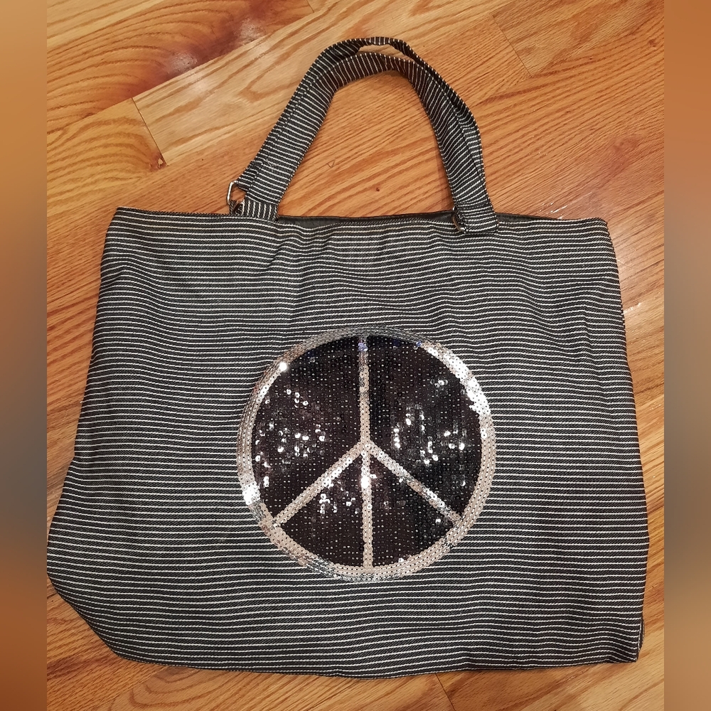 Murval‎ Black Silver Sequinned Stripe Totebag! Pink Lining Sequins